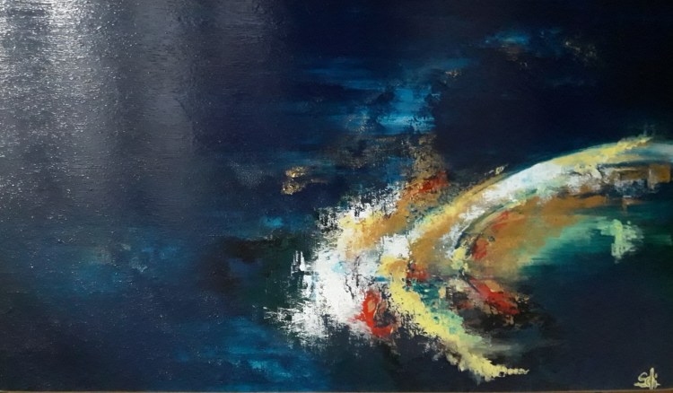 Ici, comme l’indique le titre, le pinceau a suivi le fil du bois. On retrouve ce bleu intense et profond qui marque la partie lisse de la planche, puis des couleurs plus lumineuses qui mettent en évidence les lignes courbes et les aspérités du bois. La contradiction entre le support très terrestre et un résultat presque cosmique est à mon sens tout l’intérêt de ce tableau. Quelque part entre le ciel et la terre…